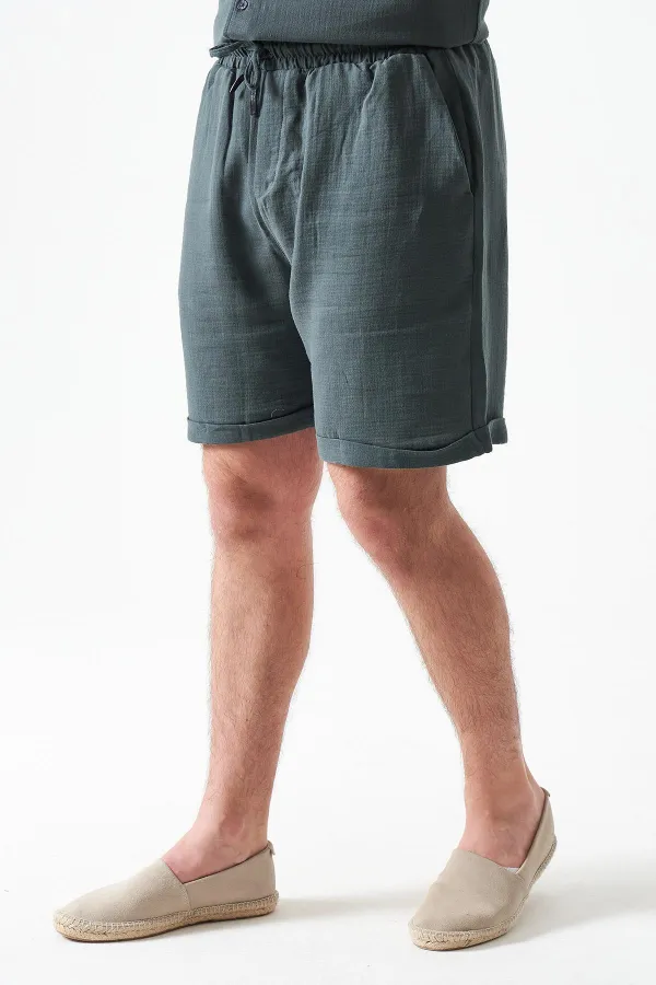 Erkek Çam Yeşili Baggy Double Paça Müslin Şort