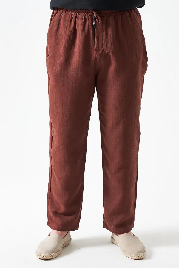 Erkek Kahve Bel Bağlamalı Baggy Müslin Pantolon