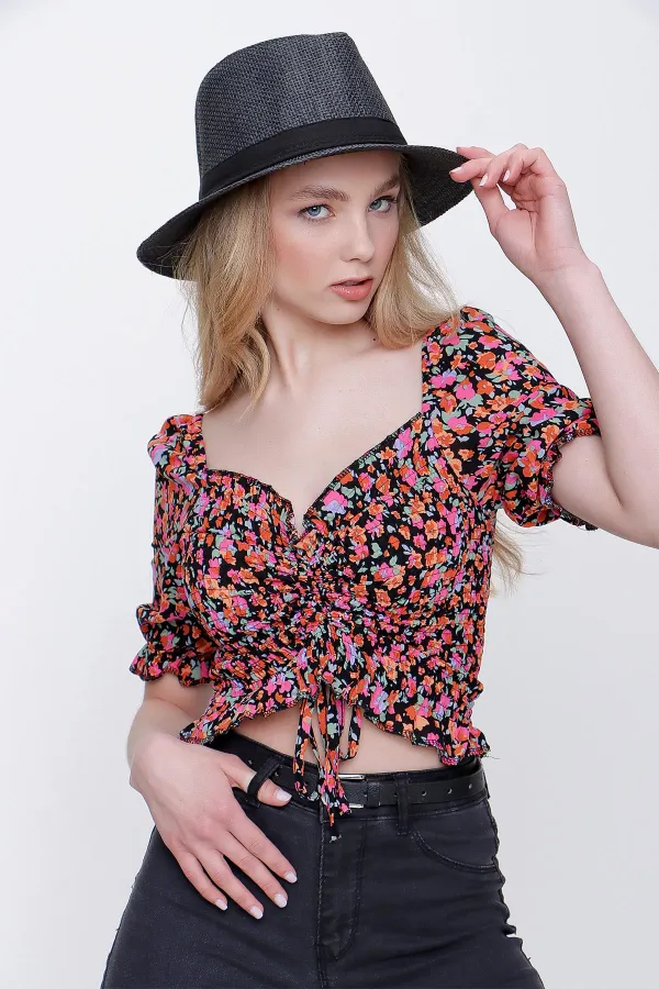 Kadın Desen-1 Gipeli Ön Büzgülü Crop Bluz
