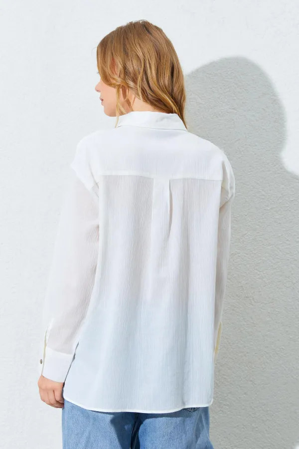 Kadın Ekru Krınkıl Oversize Gömlek