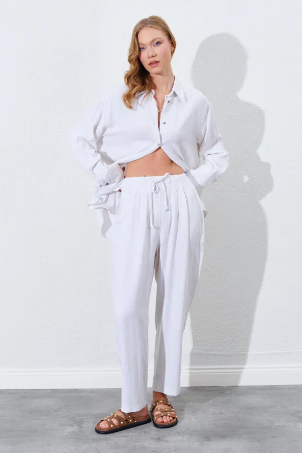 Kadın Naturel Beli Lastikli Havuç Kesim Keten Pantolon