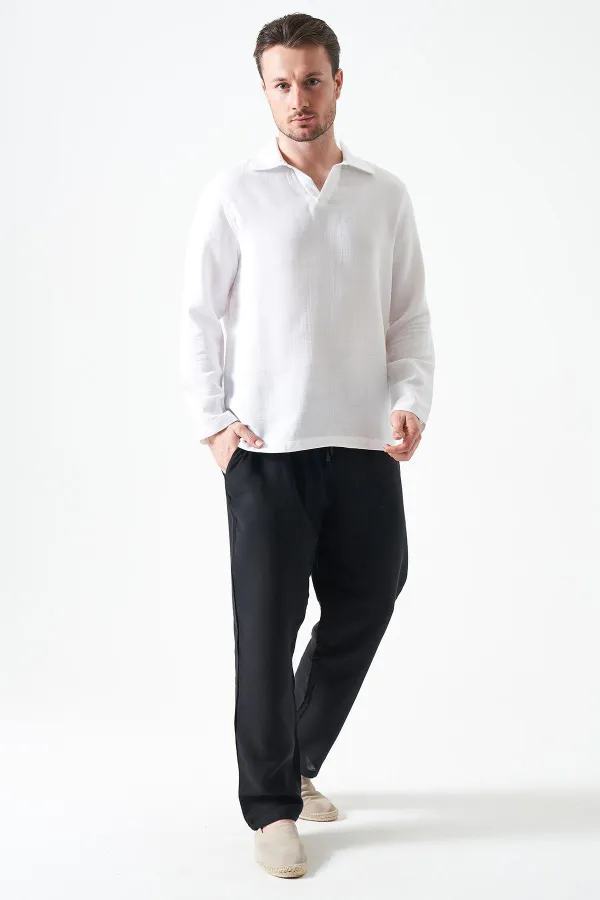 Erkek Beyaz Uzun Kol V Ayaklı Yaka Regular Müslin Gömlek
