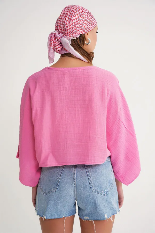 Kadın Pembe Yarasa Kol Ön Bağlamalı Gömlek