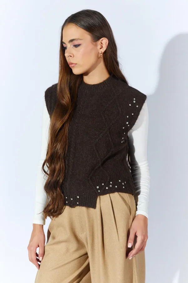 Kadın Kahve Bisiklet Yaka Desenli Triko Süveter