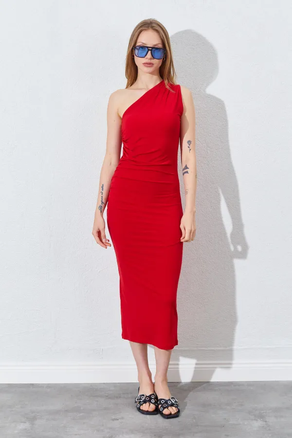 Kadın Kırmızı Tek Omuz Yanı Drapeli Sandy Elbise