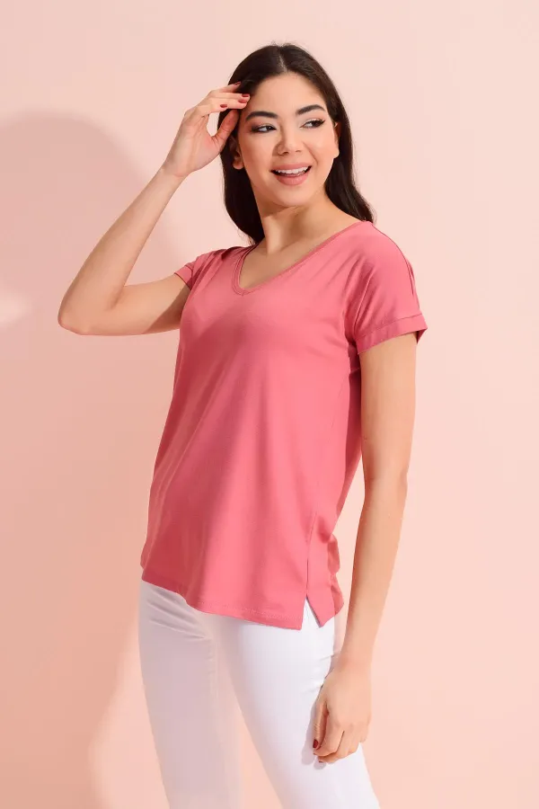 T-shirt ample à col en V rose pour femme