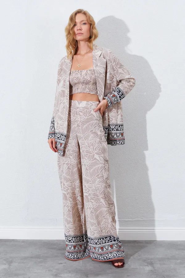 Kadın Vizon Croplu-Palozzo Pantolonlu Desenli Takım