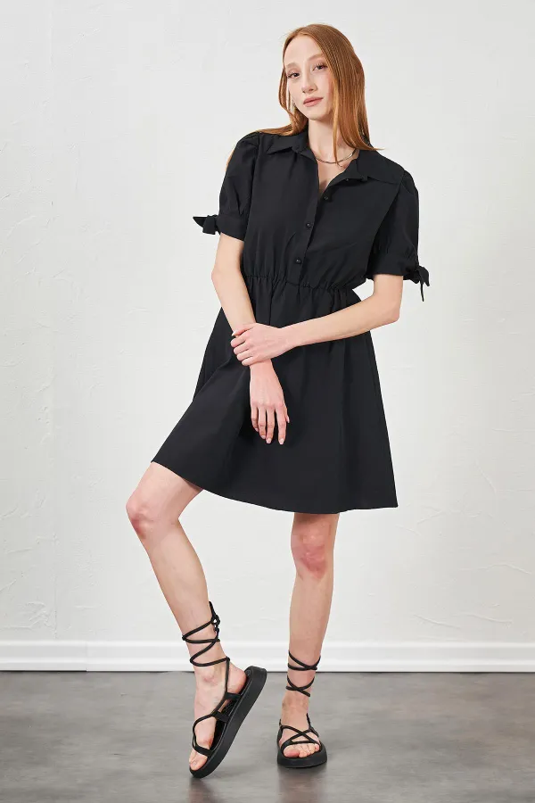 Kadın Siyah Kolları Bağlamalı Poplin Elbise