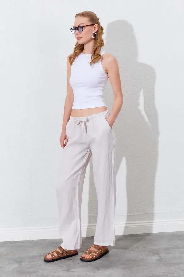 Kadın Taş Beli İp Bağlamalı Keten Yan Cepli Bol Paça Pantolon