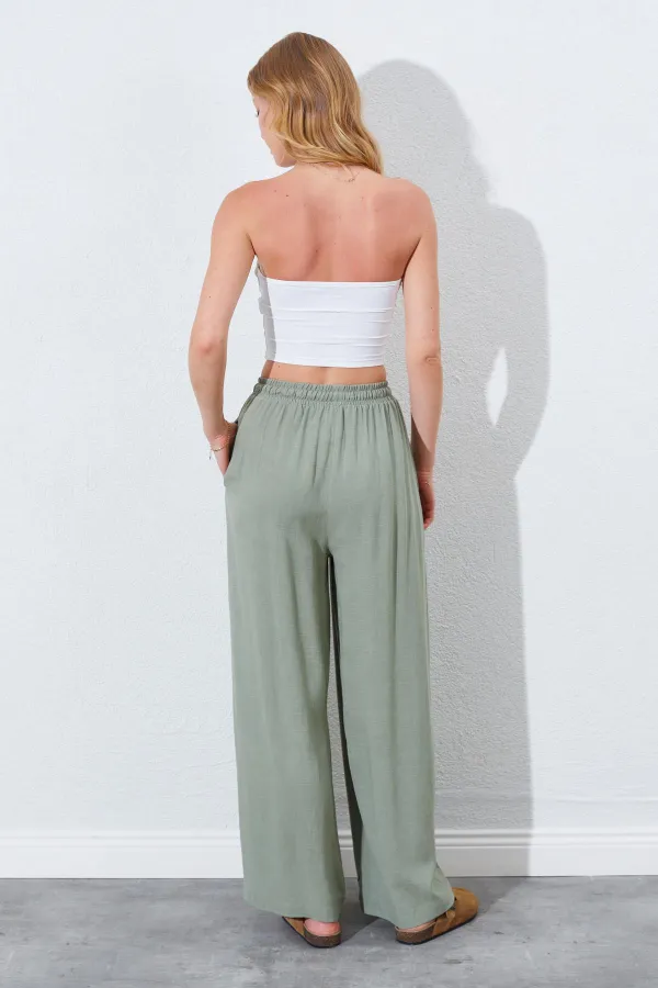 Kadın Haki Beli Lastikli Palazzo Keten Pantolon