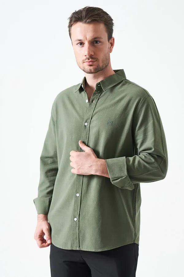 Erkek Haki Uzun Kol Basic Pamuk Flam Regular Gömlek