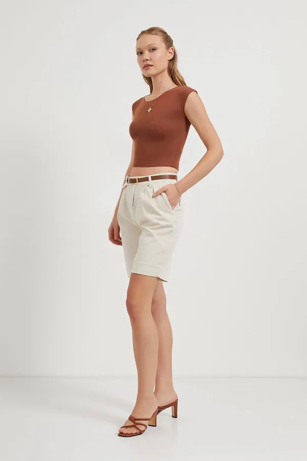 Women's Stone Waist Belted Lycra Gabardine Midi Shorts