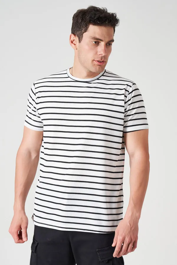 Erkek Siyah Bisiklet Yaka Ringel Mini Waffle Tişört