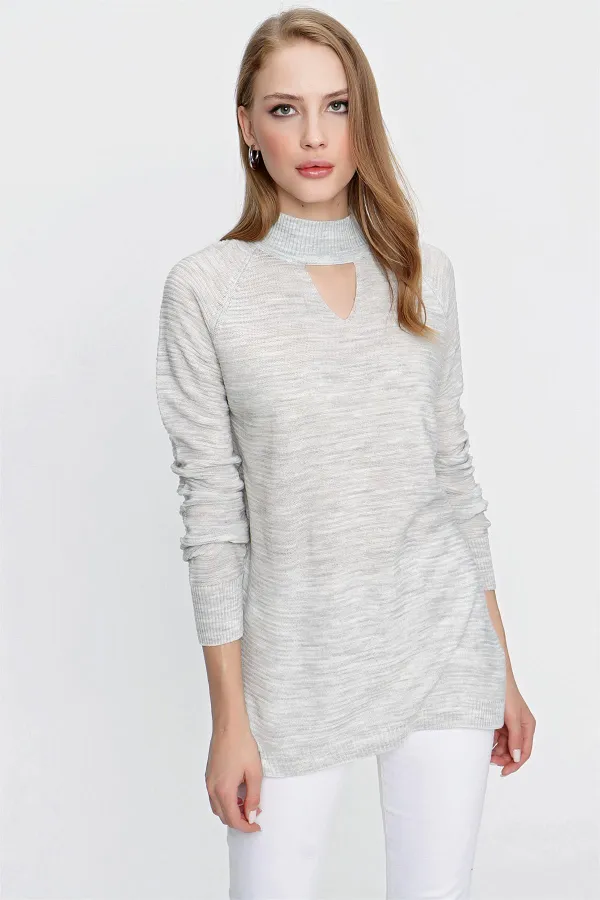 Kadın Gri Önü Pencereli Triko Kazak