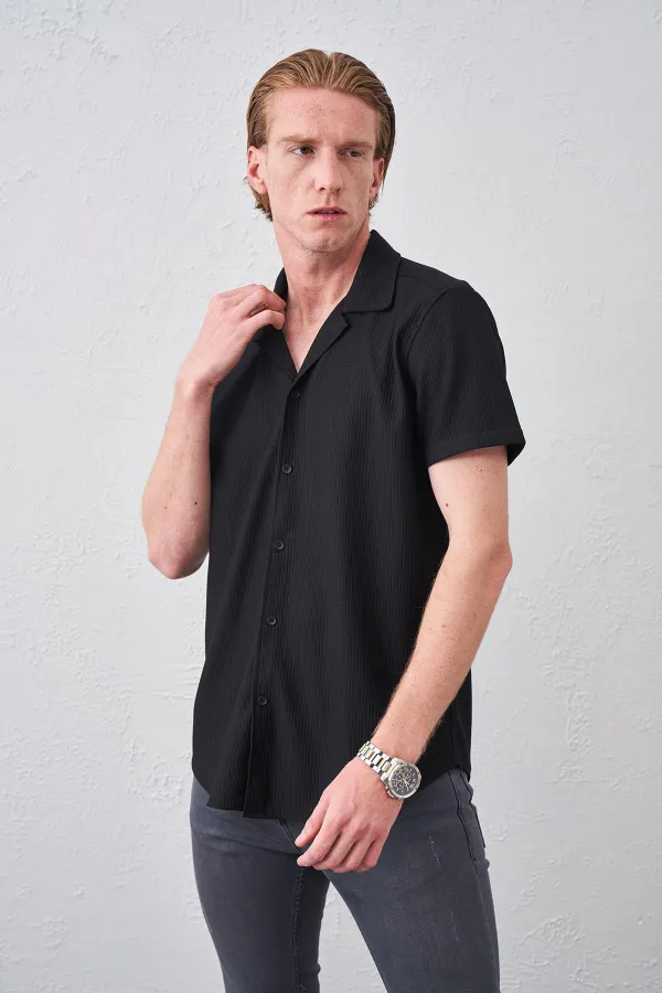 Erkek Siyah Kısa Kollu Ottoman Kumaş Apaş Yaka Gömlek