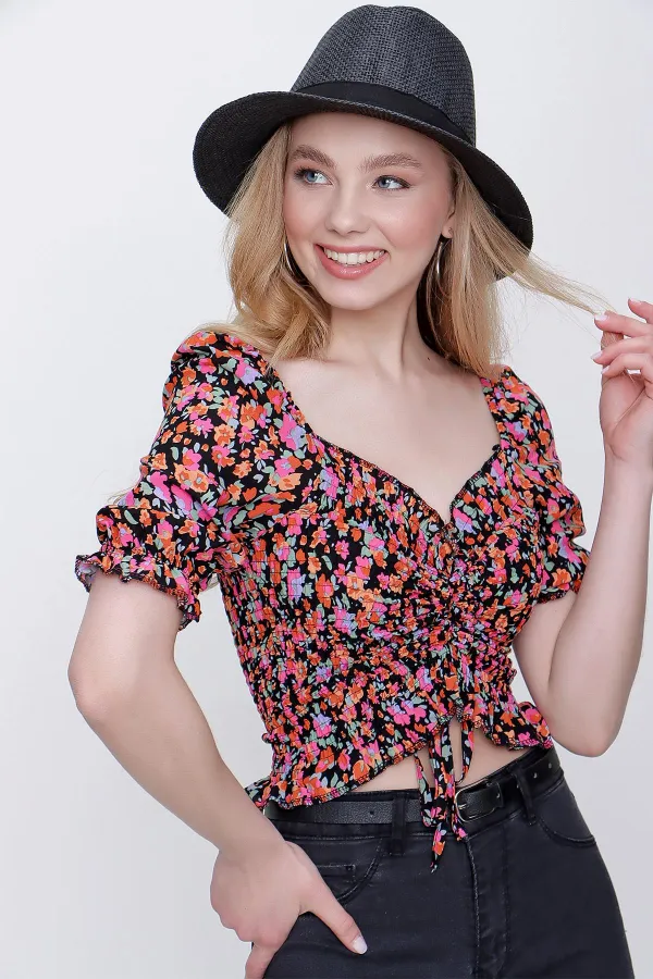 Kadın Desen-1 Gipeli Ön Büzgülü Crop Bluz
