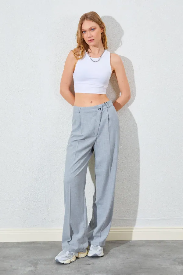 Kadın Gri Yan Düğmeli Poliviskon Pantolon