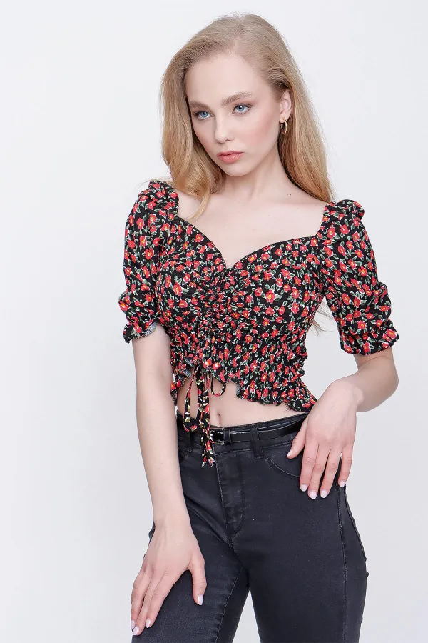 Kadın Desen-3 Gipeli Ön Büzgülü Crop Bluz