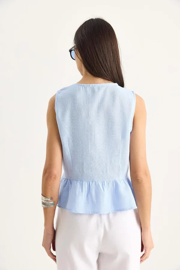 Kadın Mavi Önü Bağlamalı Kolsuz Eteği Fırfırlı Muslin Bluz