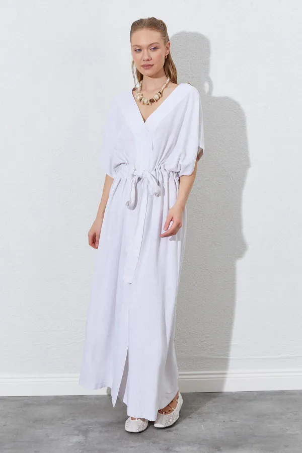 Kadın Naturel Düşük Kol Beli Tünel Kemerli Keten Uzun Elbise