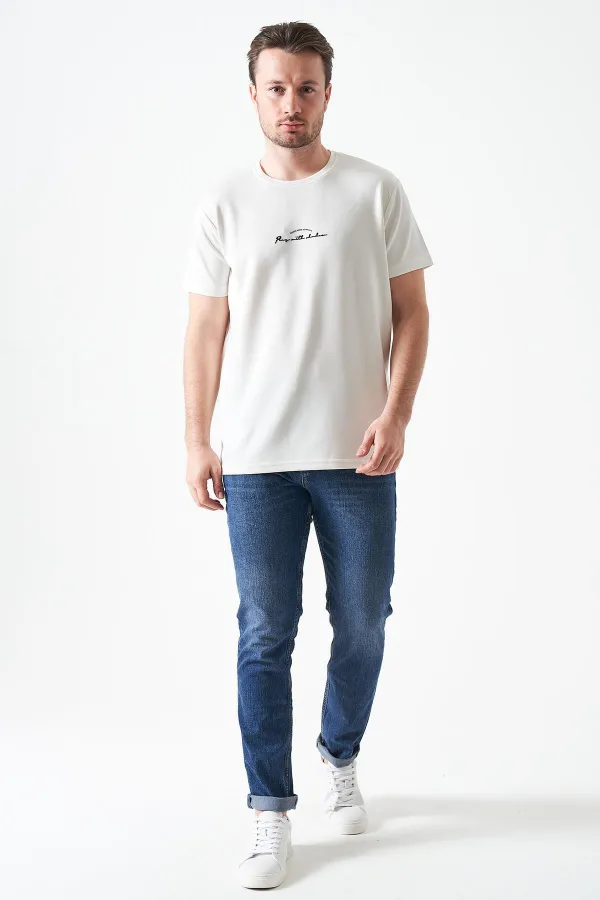 Erkek Ekru Bisiklet Yaka MADE WİTH  Baskılı Modal Tişört