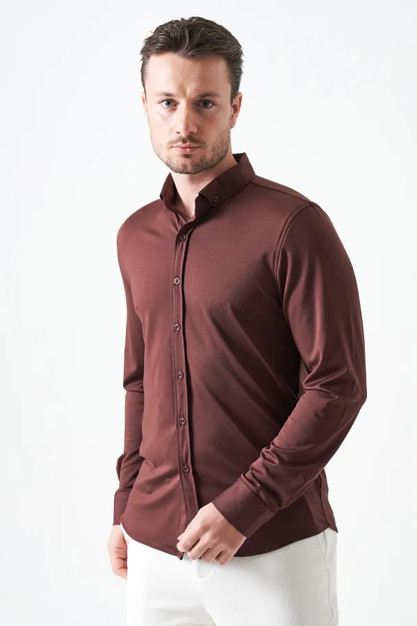 Erkek Kahve Uzun Kol Ripaş Dalgıç Slim Fit Gömlek