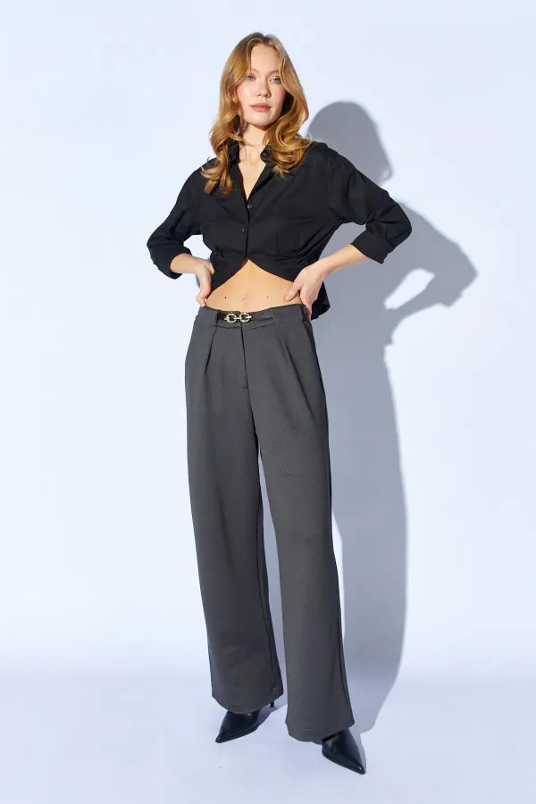 Women's Anthracite Wide-Leg Wool-Effect Trousers with Internal Belt