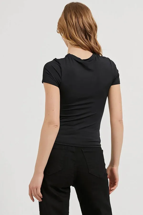 Kadın Siyah Bisiklet Yaka Kısa Kollu Licralı Body