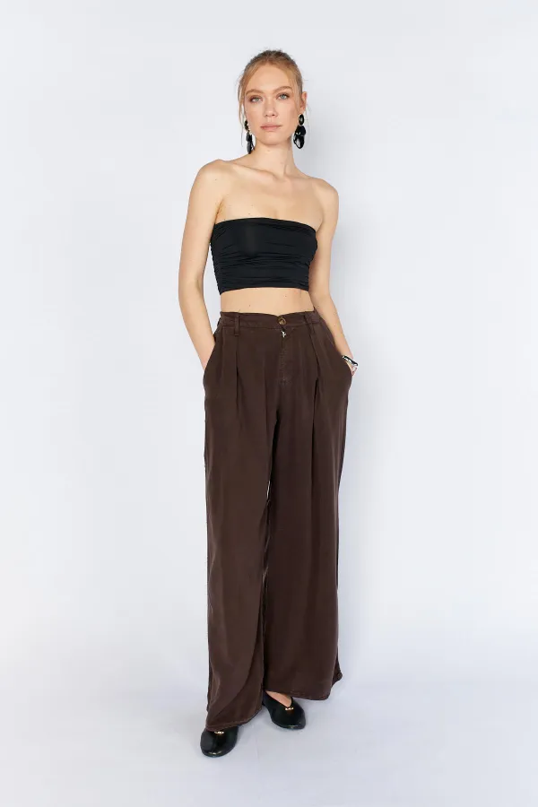 Women's Coffee YP5115 Double Pleated Wide Leg Tencel Trousers