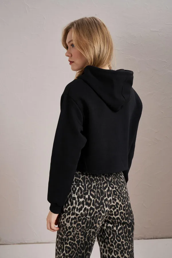 Women's Black Hooded Crop Sweatshirt with Ribbed Sides