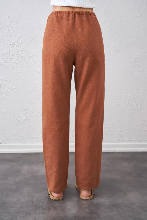 Kadın Kiremit Bel Bağlamalı Bağcıklı Keten Pantolon