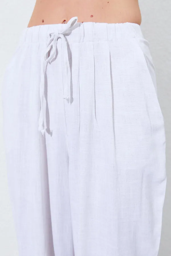 Kadın Naturel Beli Lastikli Havuç Kesim Keten Pantolon