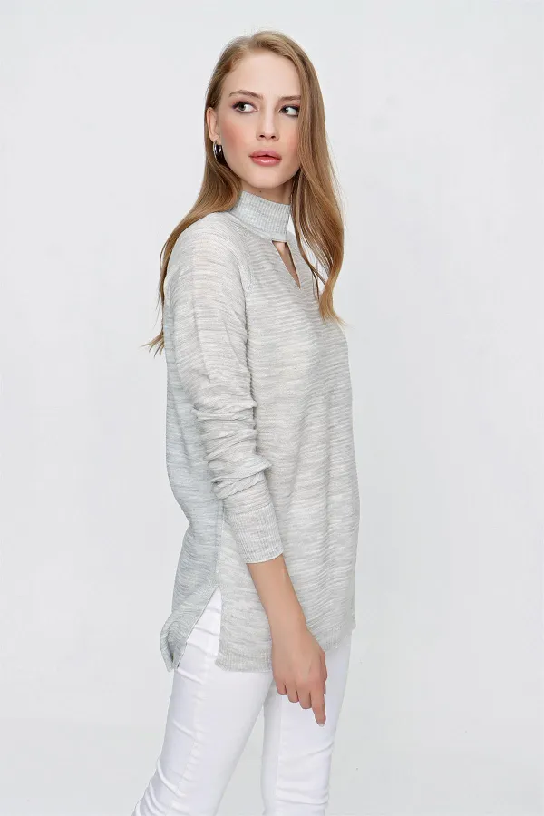 Kadın Gri Önü Pencereli Triko Kazak