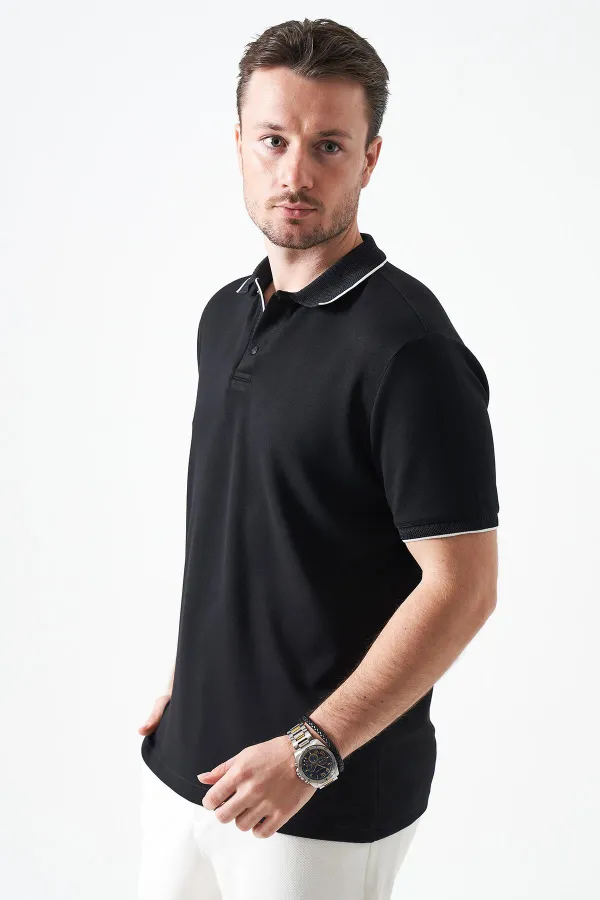 T-shirt homme noir à col boutonné en piqué modal
