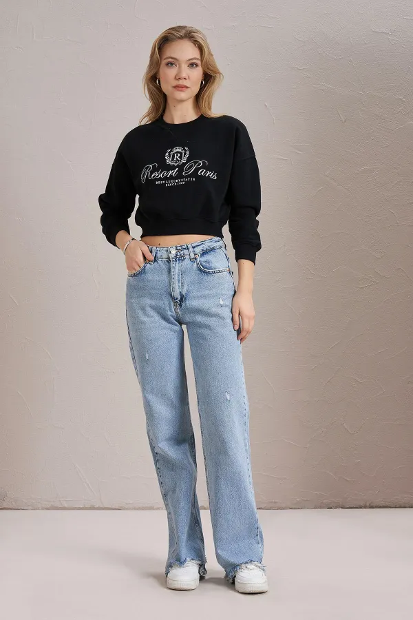 Kadın Siyah Resort Paris Baskılı Üç İplik Crop Sweatshirt