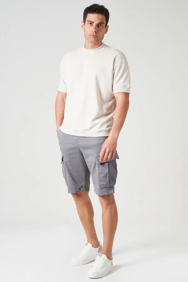 Erkek Bej Bisiklet Yaka Kol Ve Etek Ribanalı İki İp Rahat Kalıp Tişört