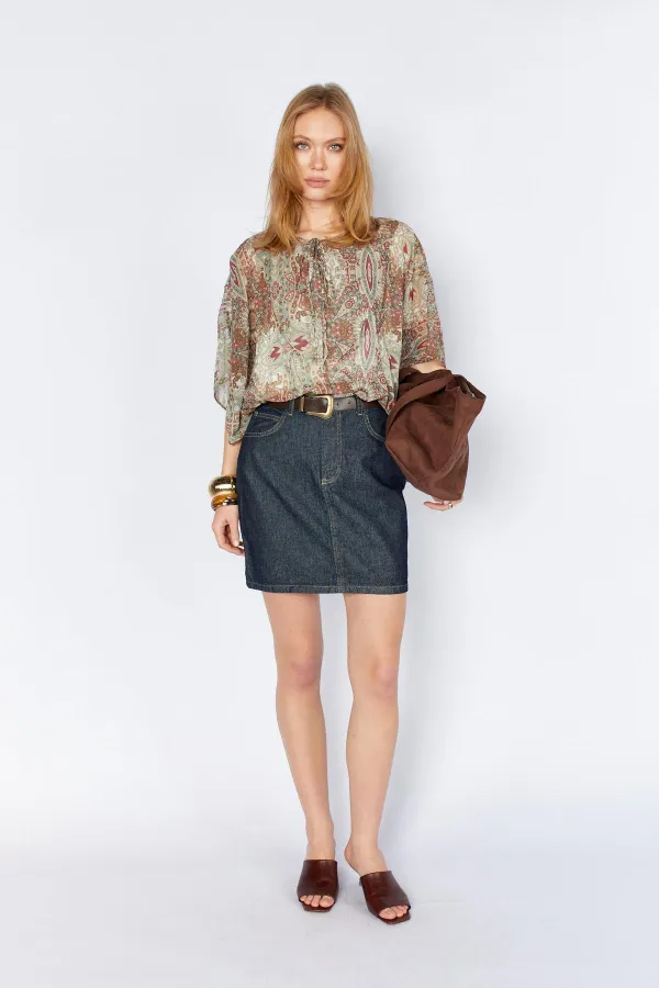 Kadın Rins Yıkama Beli Kemerli Mini Jean Etek