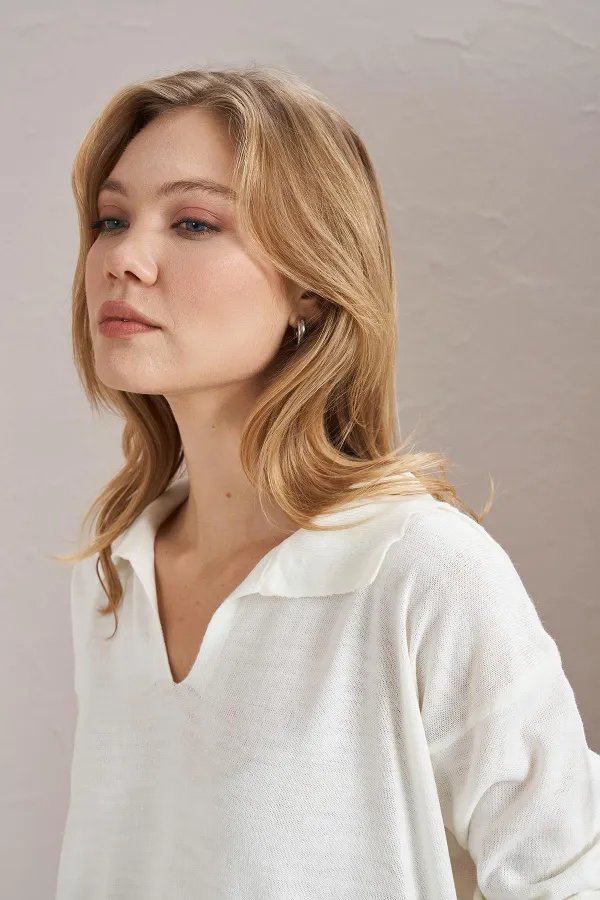 Kadın Ekru Gömlek Yaka Basic Triko Kazak