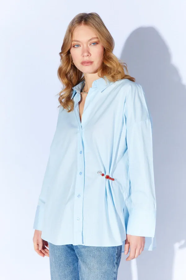 Kadın Mavi Önü Kısa Arkası Uzun Oversize Poplin Gömlek
