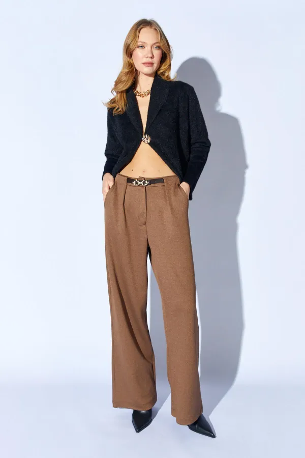 Kadın Kahve İçten Kemerli Bol Paça Yün Efekt Pantolon