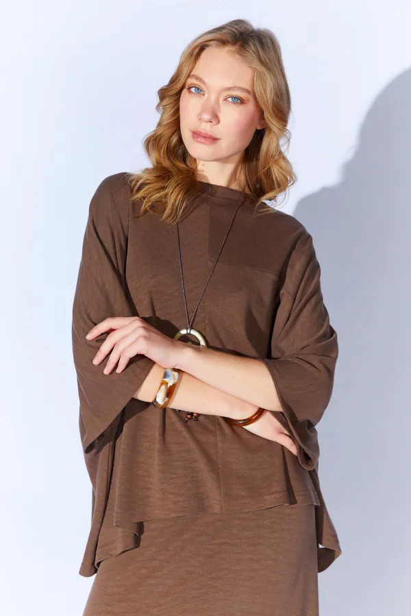 Kadın Kahve 172 Düşük Kol Bluzlu Uzun Pike Modal Etekli Takım