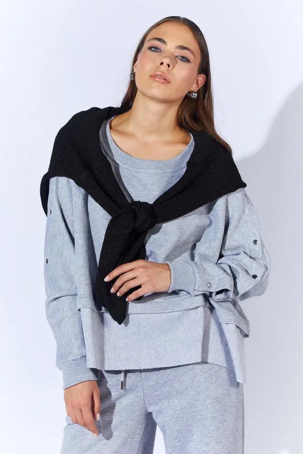 Women's Grey Melange Crew Neck Sweatshirt with Snap Button Sleeves and Dropped Shoulders