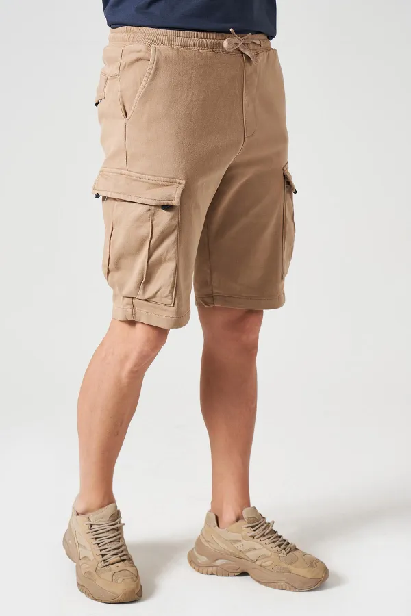 Erkek Bej Beli Ribanalı Örme Parça Boya Kargo Şort