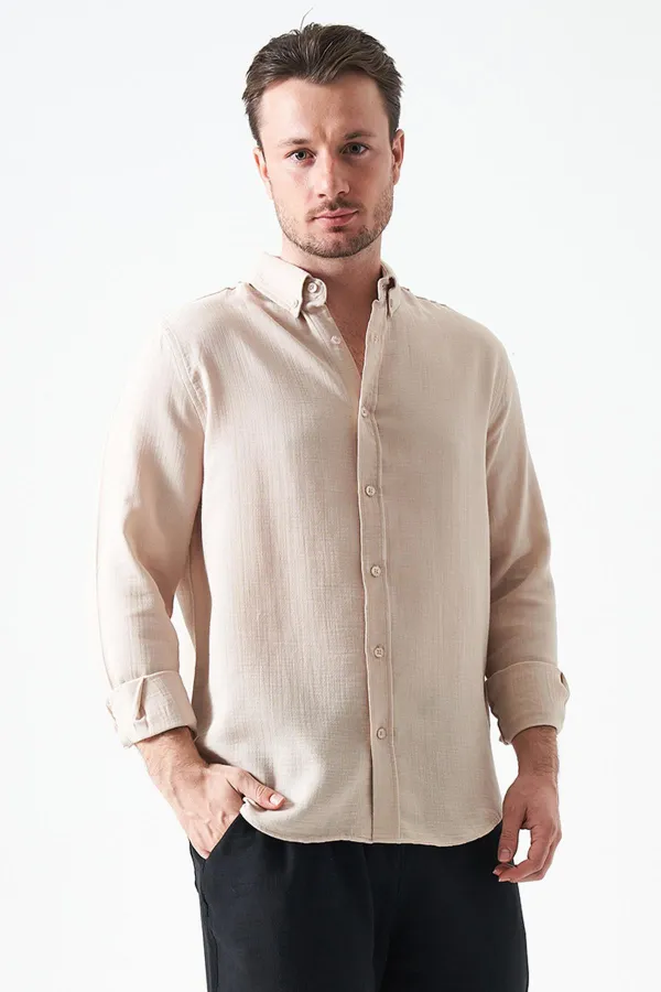 Erkek Bej Uzun Kol Regular Basic Müslin Gömlek