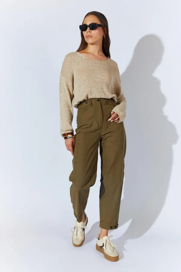Kadın Haki Beli Düğmeli Çift Dikişli Pantolon