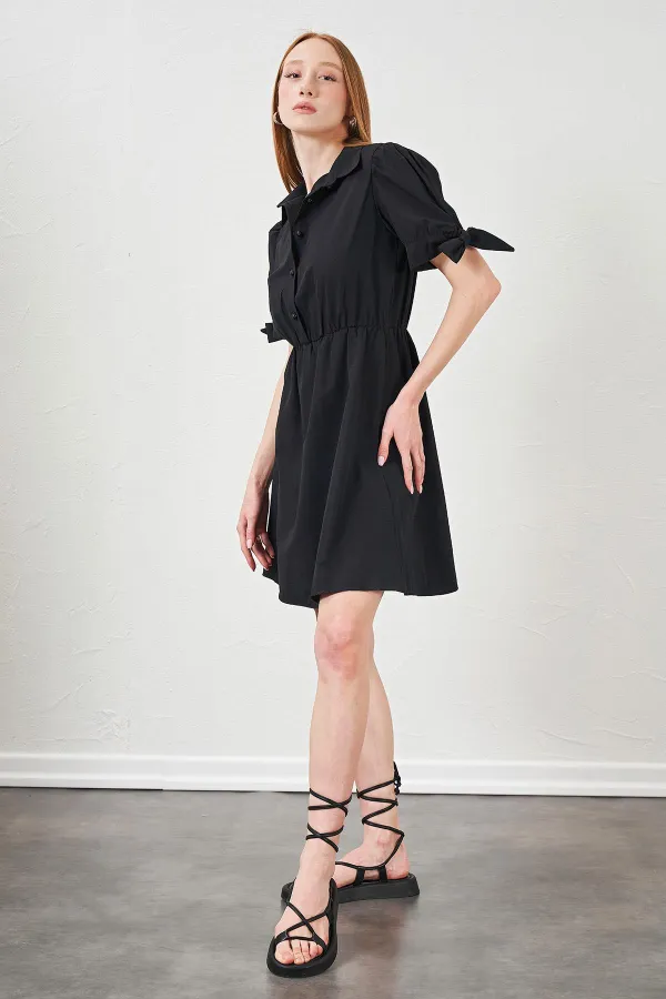 Kadın Siyah Kolları Bağlamalı Poplin Elbise
