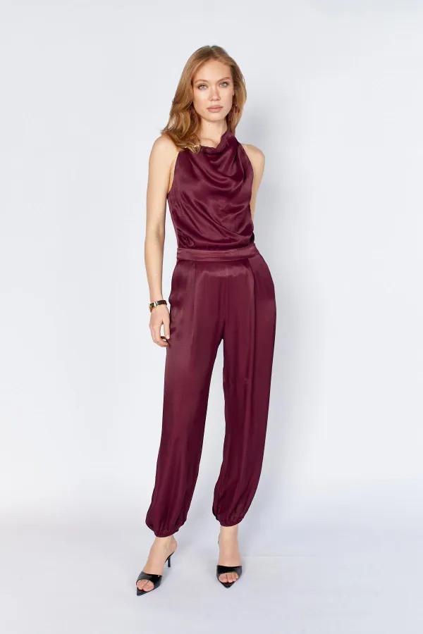 Kadın Mürdüm 9087 Yaka Bağlamalı Gold Tokalı Şalvar Pantolonlu Saten Takım