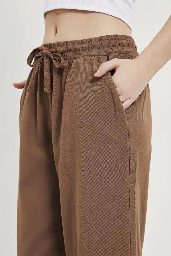Kadın Kahve Beli Bağlamalı Geniş Piş Dikişli Paça Pantolon