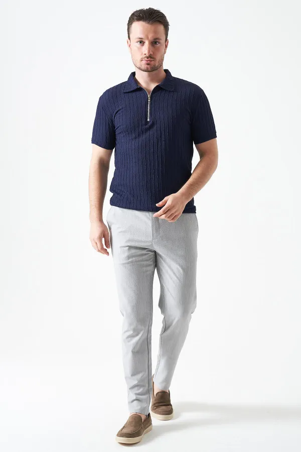 Erkek Lacivert Ayaklı Yaka Fermuarlı Ağır Jakar Tişört