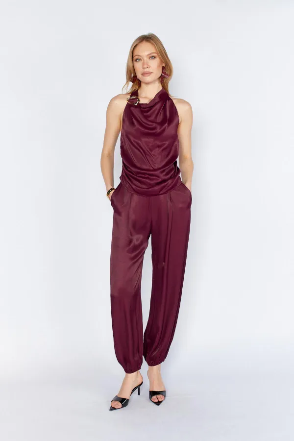 Kadın Mürdüm 9087 Yaka Bağlamalı Gold Tokalı Şalvar Pantolonlu Saten Takım